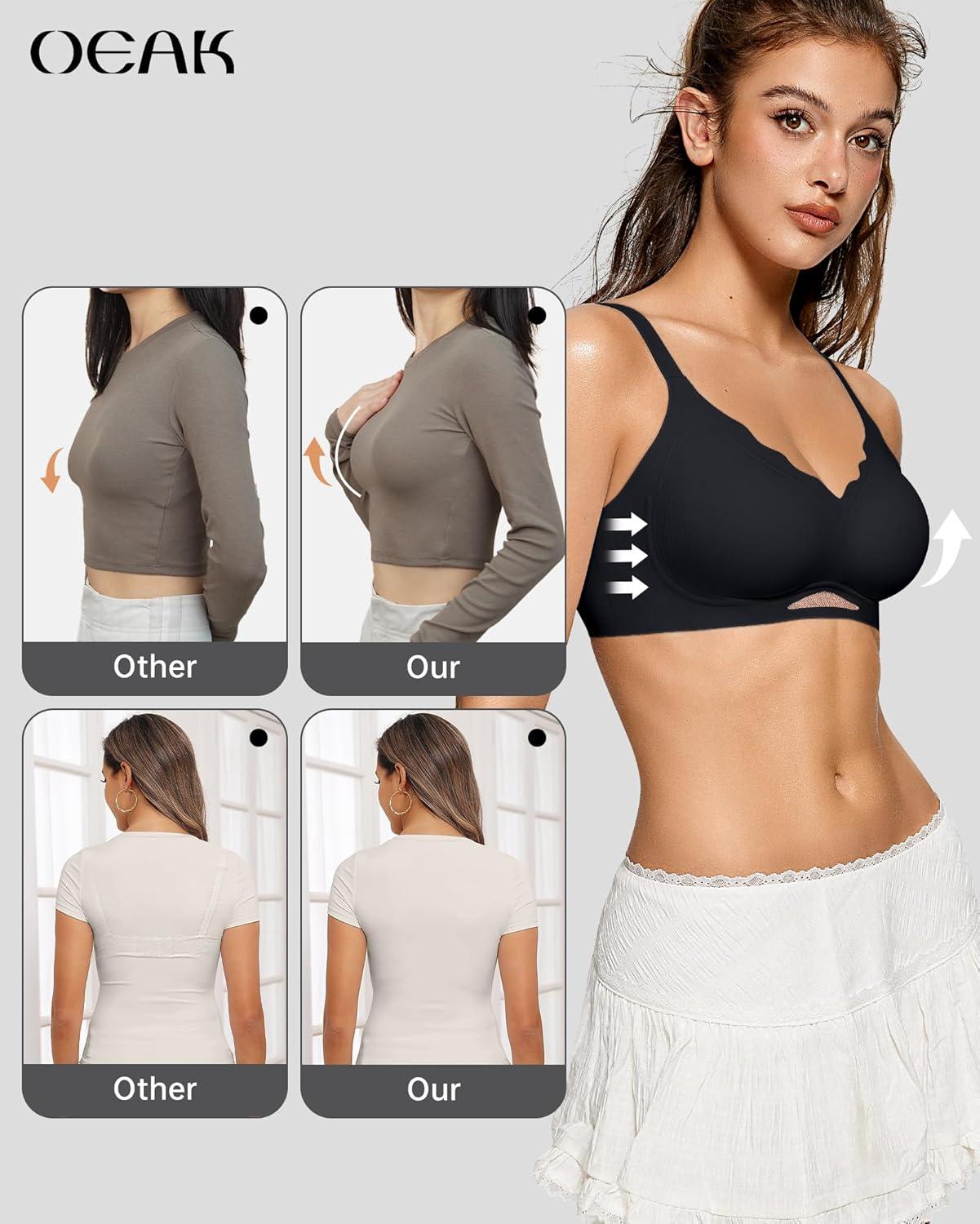 imageOEAK Womens Wireless Bras Scalloped Push Up Bralettes No Underwire Supportive Tshirt Bra Seamless Comfortable Everyday BrasBlack