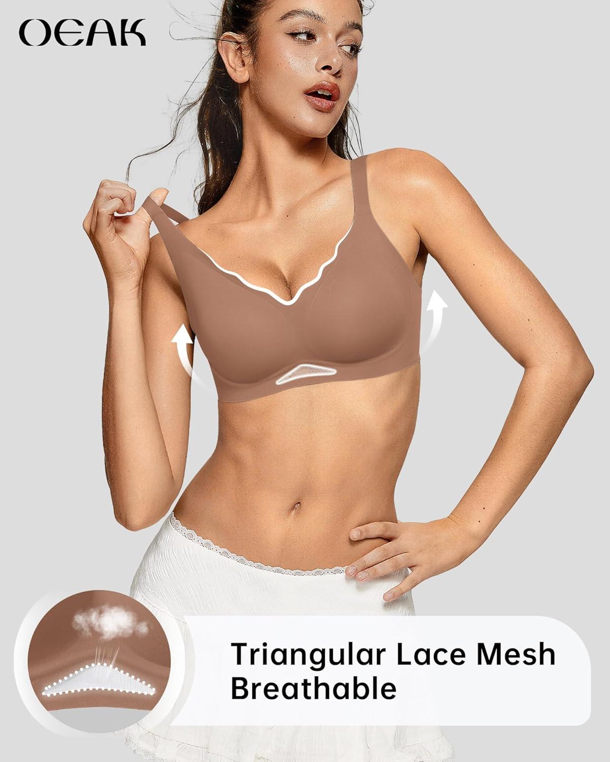 imageOEAK Womens Wireless Bras Scalloped Push Up Bralettes No Underwire Supportive Tshirt Bra Seamless Comfortable Everyday BrasCoffee