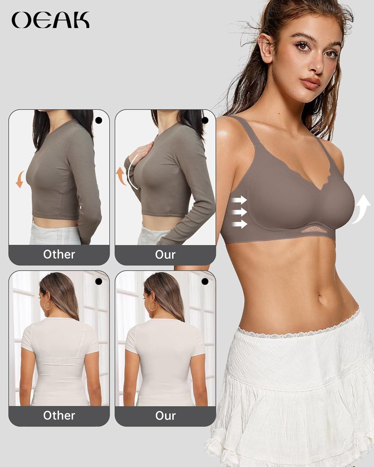 imageOEAK Womens Wireless Bras Scalloped Push Up Bralettes No Underwire Supportive Tshirt Bra Seamless Comfortable Everyday BrasGrey