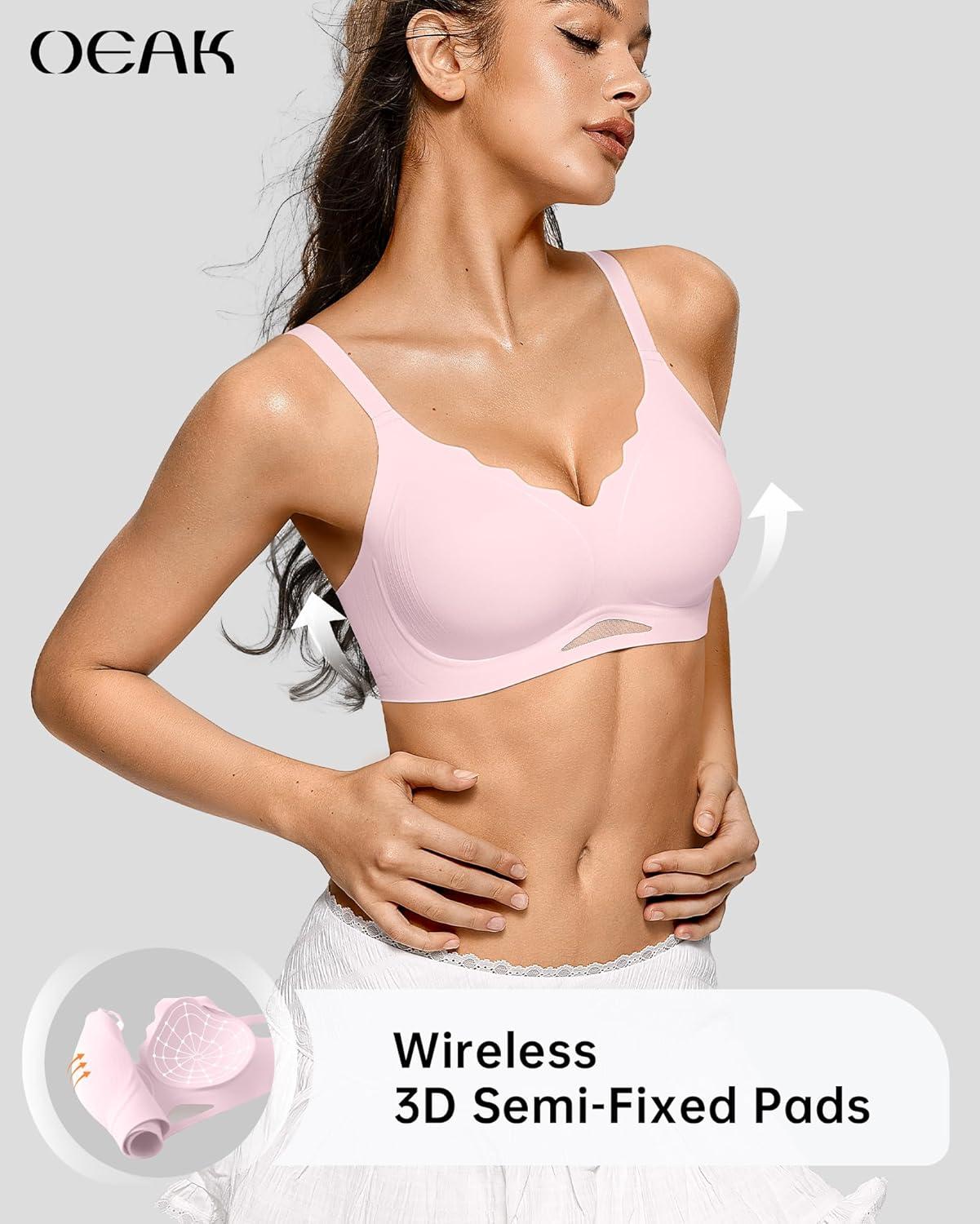 imageOEAK Womens Wireless Bras Scalloped Push Up Bralettes No Underwire Supportive Tshirt Bra Seamless Comfortable Everyday BrasPink