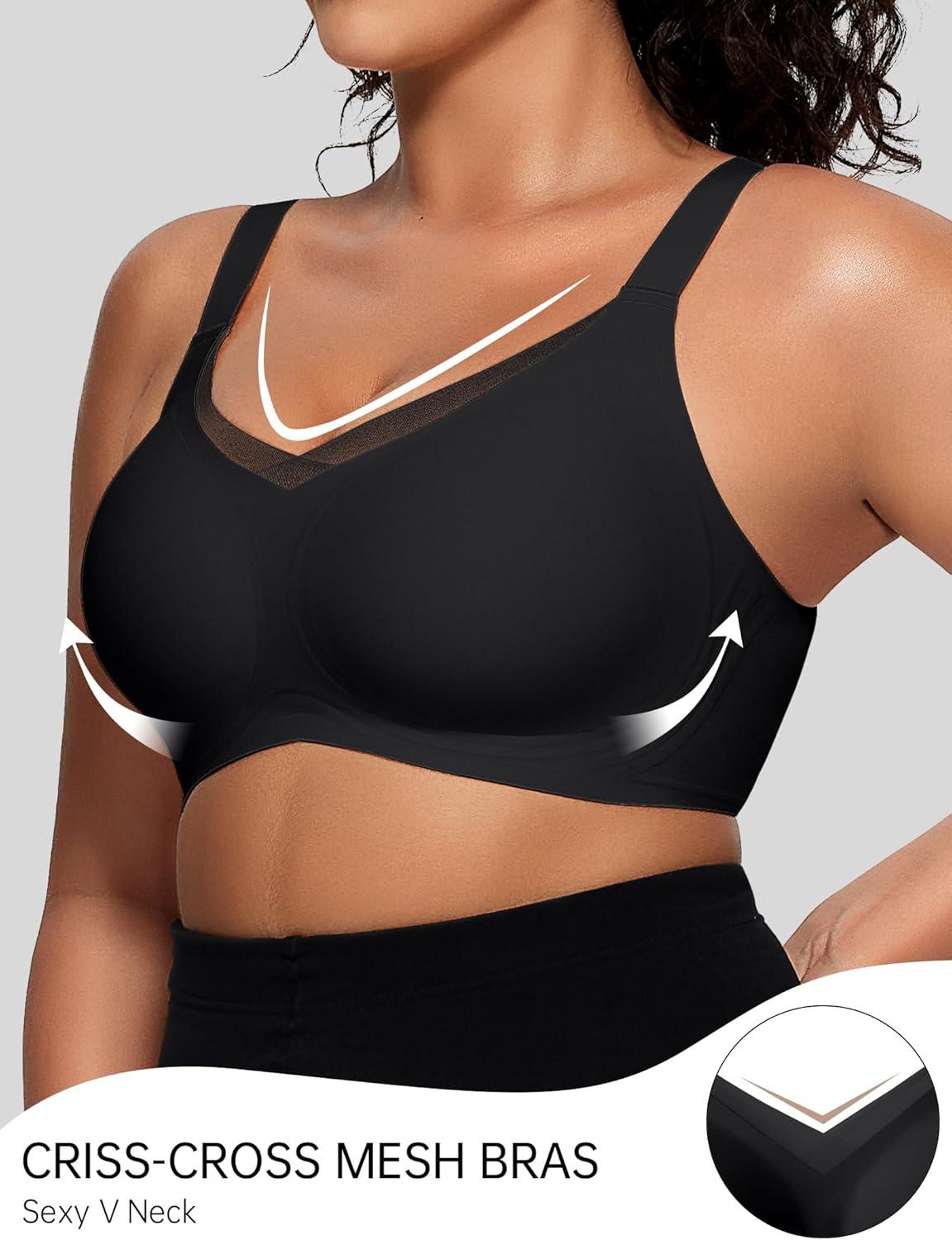 imageOEAK Womens Wireless Bras V Mesh Comfortable Bralette Supportive Tshirt Bra No Underwire Seamless Push Up Everyday BrasBlack