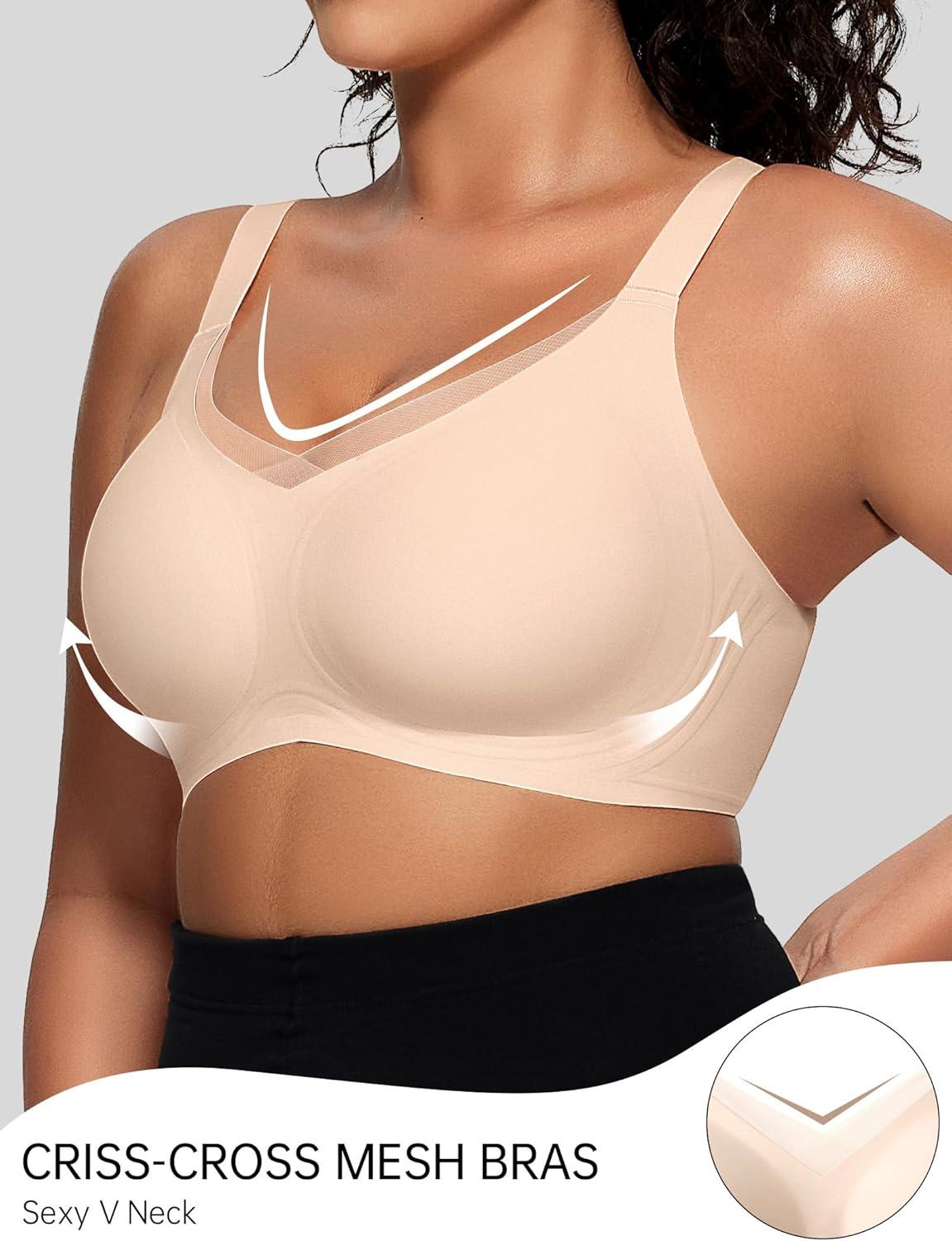 imageOEAK Womens Wireless Bras V Mesh Comfortable Bralette Supportive Tshirt Bra No Underwire Seamless Push Up Everyday BrasNude