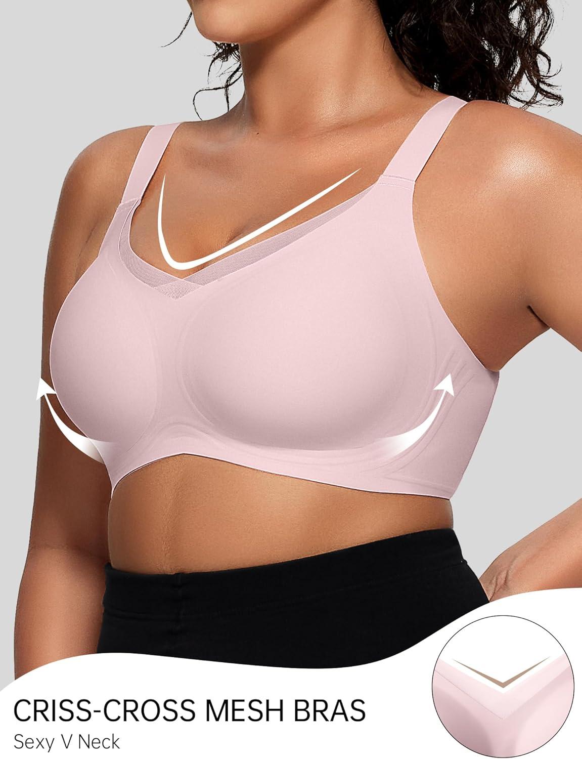 imageOEAK Womens Wireless Bras V Mesh Comfortable Bralette Supportive Tshirt Bra No Underwire Seamless Push Up Everyday BrasPink