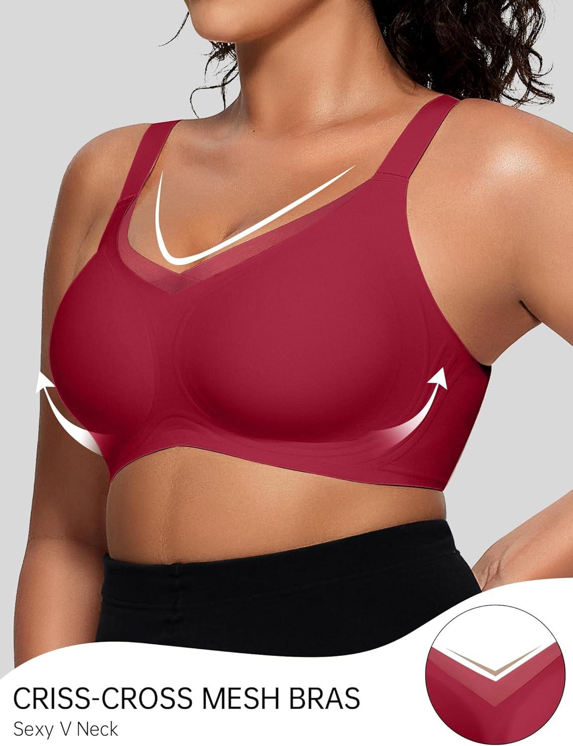 imageOEAK Womens Wireless Bras V Mesh Comfortable Bralette Supportive Tshirt Bra No Underwire Seamless Push Up Everyday BrasRed