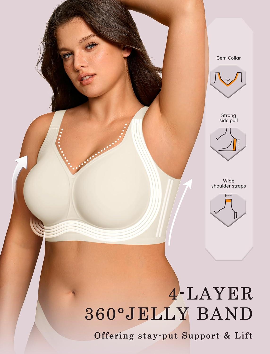 imageOEAK Womens Wireless Jelly Bra Plus Size Supportive Seamless Bras Full Coverage Push Up Comfortable No Underwire Tshirt BrasBeige