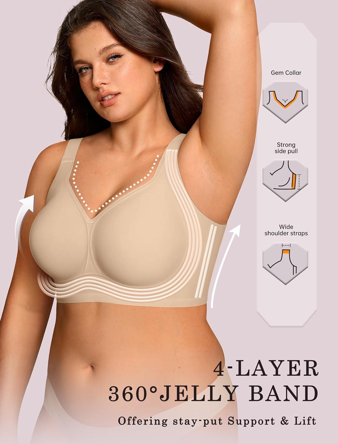 imageOEAK Womens Wireless Jelly Bra Plus Size Supportive Seamless Bras Full Coverage Push Up Comfortable No Underwire Tshirt BrasCreamy Beige