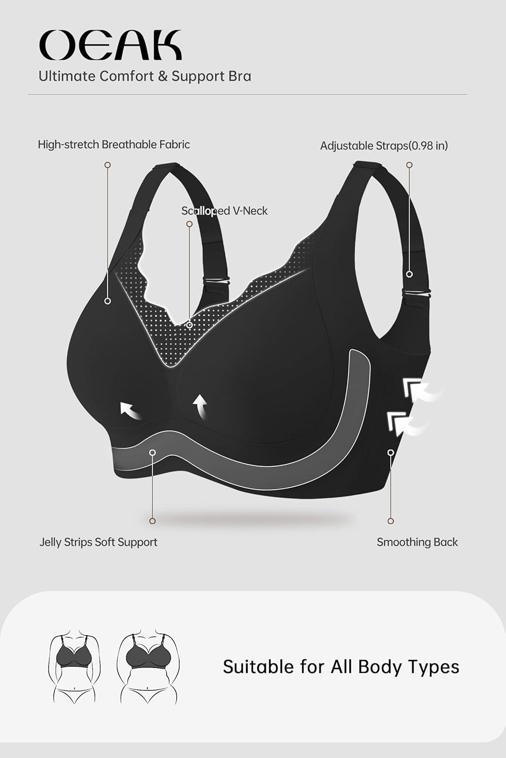 imageOEAK Womens Wireless Push Up Bras Comfortable Seamless Supportive Full Coverage Scalloped Convertible Everyday Tshirt Bra