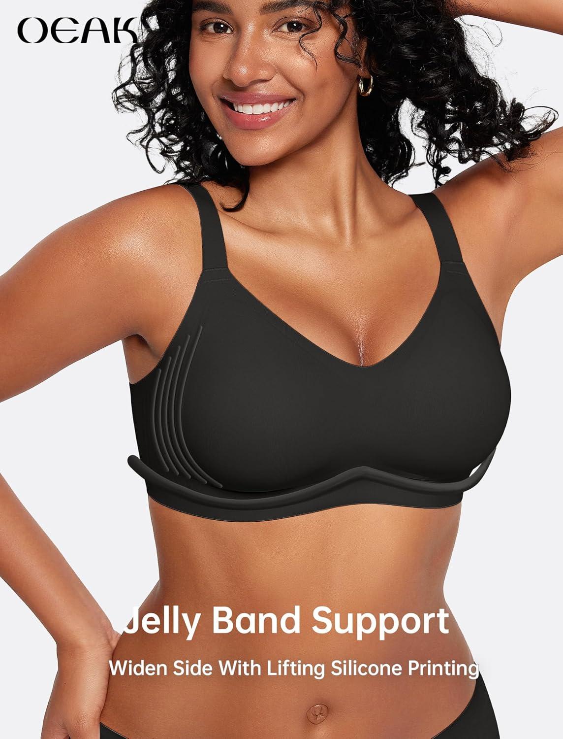 imageOEAK Womens Wireless Seamless Bras Full Coverage Supportive Lounge Bra Push Up Plus Size Everyday Bra Comfortable Tshirt BrasBlack
