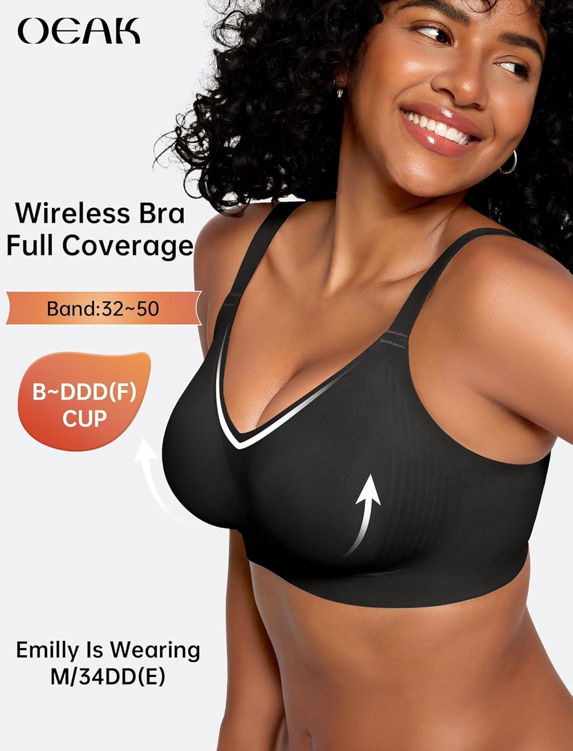 imageOEAK Womens Wireless Seamless Bras Full Coverage Supportive Lounge Bra Push Up Plus Size Everyday Bra Comfortable Tshirt BrasBlack