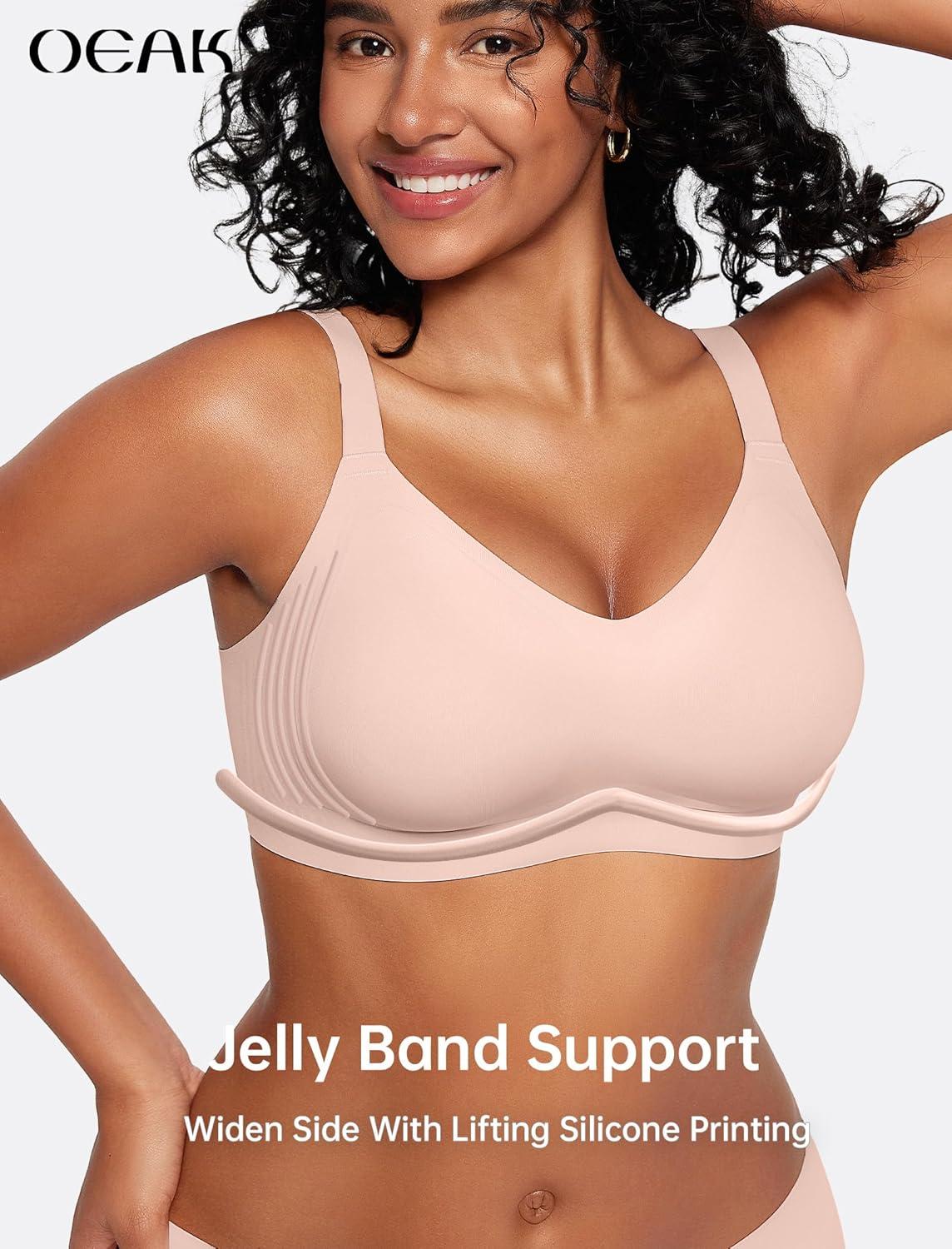 imageOEAK Womens Wireless Seamless Bras Full Coverage Supportive Lounge Bra Push Up Plus Size Everyday Bra Comfortable Tshirt BrasPink