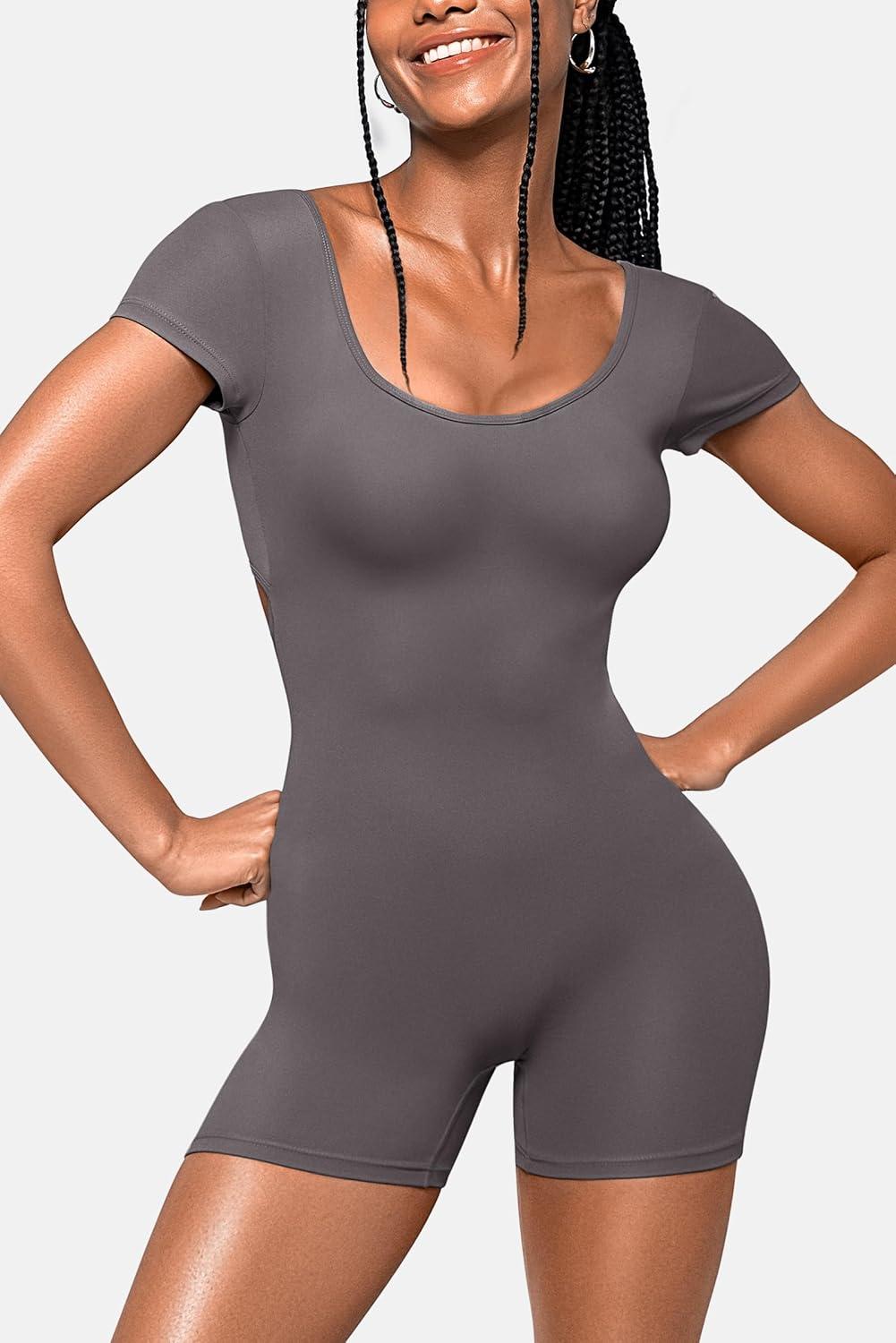 imageShort Sleeve Jumpsuit Workout for Women Square Neck One Piece Backless Tummy Control Bodycon Scrunch Butt Yoga RompersGrey