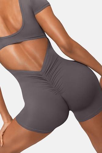 imageShort Sleeve Jumpsuit Workout for Women Square Neck One Piece Backless Tummy Control Bodycon Scrunch Butt Yoga RompersGrey
