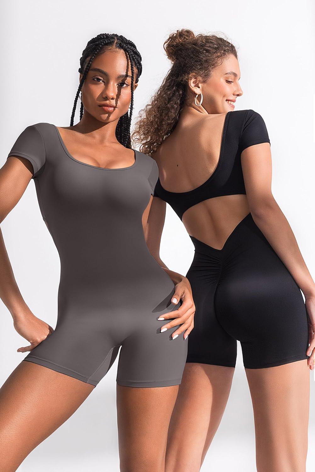 imageShort Sleeve Jumpsuit Workout for Women Square Neck One Piece Backless Tummy Control Bodycon Scrunch Butt Yoga RompersGrey