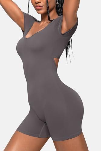 imageShort Sleeve Jumpsuit Workout for Women Square Neck One Piece Backless Tummy Control Bodycon Scrunch Butt Yoga RompersGrey