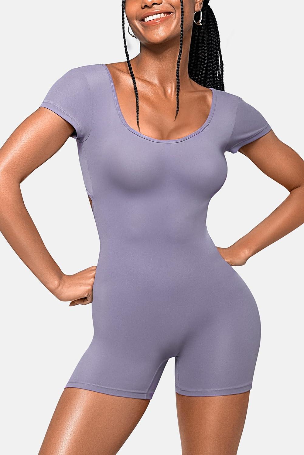 imageShort Sleeve Jumpsuit Workout for Women Square Neck One Piece Backless Tummy Control Bodycon Scrunch Butt Yoga RompersPurple