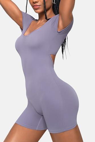 imageShort Sleeve Jumpsuit Workout for Women Square Neck One Piece Backless Tummy Control Bodycon Scrunch Butt Yoga RompersPurple