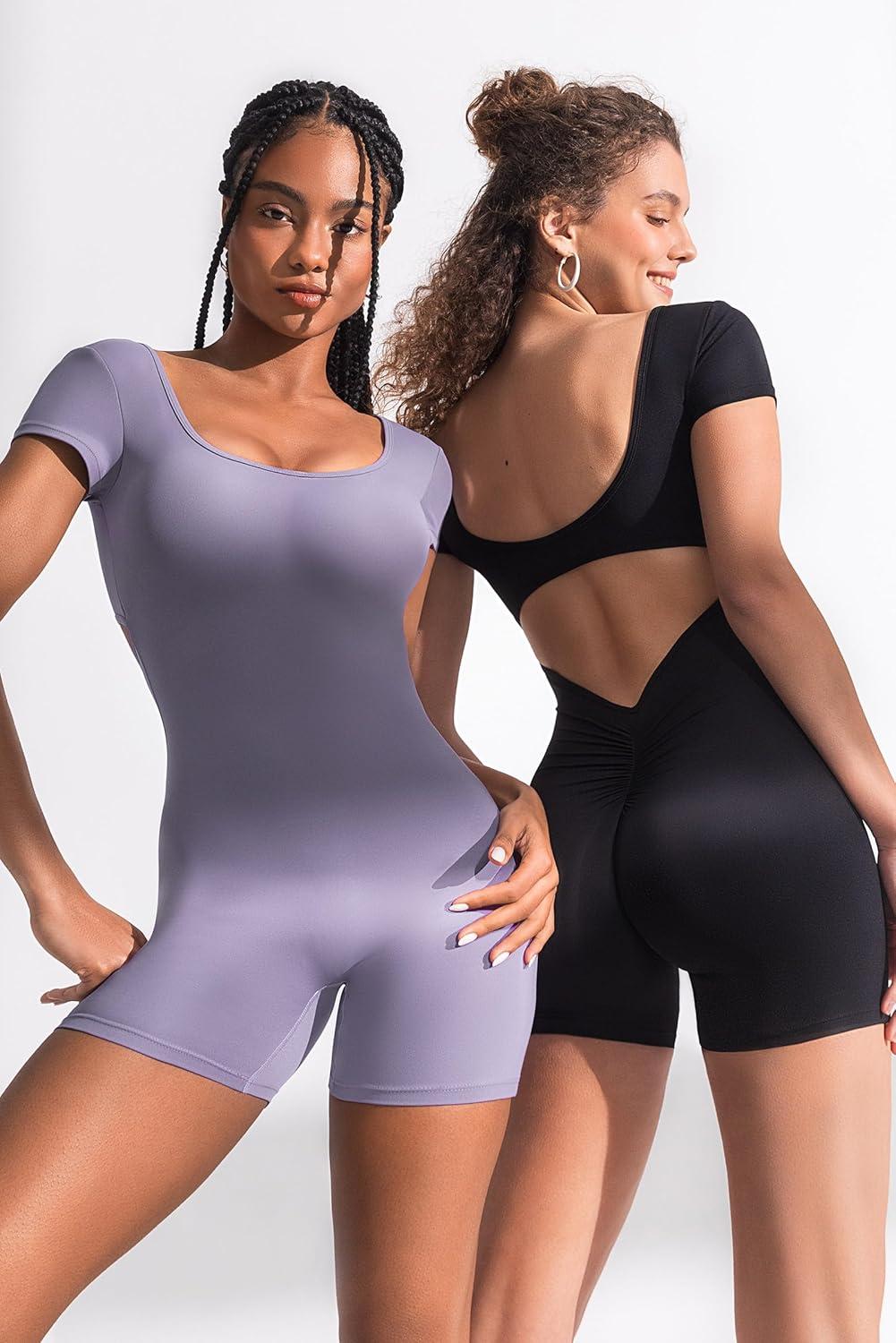imageShort Sleeve Jumpsuit Workout for Women Square Neck One Piece Backless Tummy Control Bodycon Scrunch Butt Yoga RompersPurple