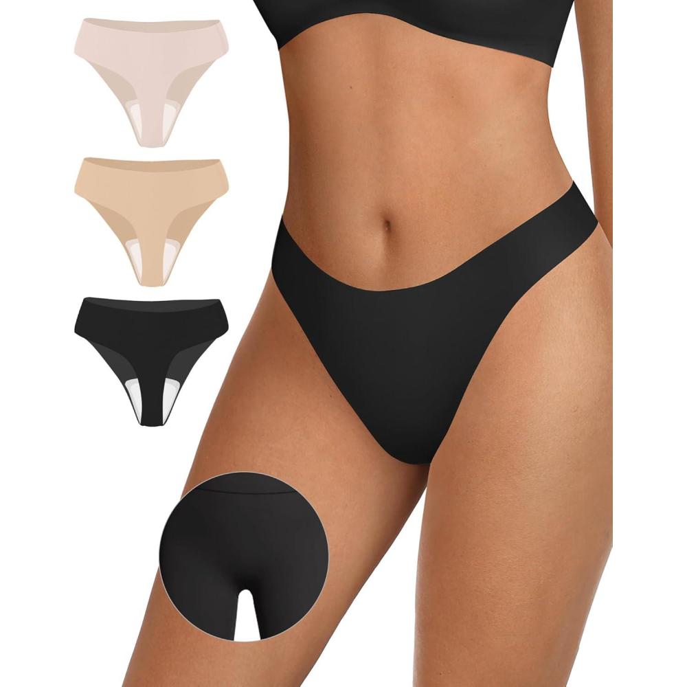 imageOEAK Seamless Thongs for Women Invisible Thongs No Show Thong Panty Liners Tangas Comfortable Workout GStrings Underwear3p1black1skin Nude1cream