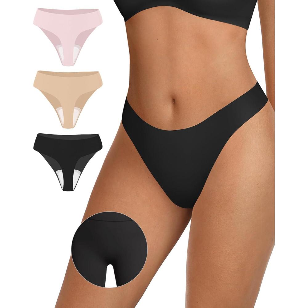 imageOEAK Seamless Thongs for Women Invisible Thongs No Show Thong Panty Liners Tangas Comfortable Workout GStrings Underwear3p1black1skin Nude1peach Pink