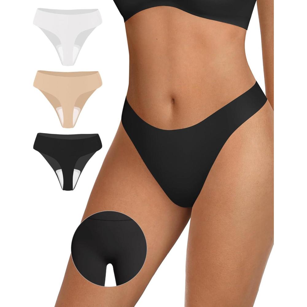 imageOEAK Seamless Thongs for Women Invisible Thongs No Show Thong Panty Liners Tangas Comfortable Workout GStrings Underwear3p1black1skin Nude1white