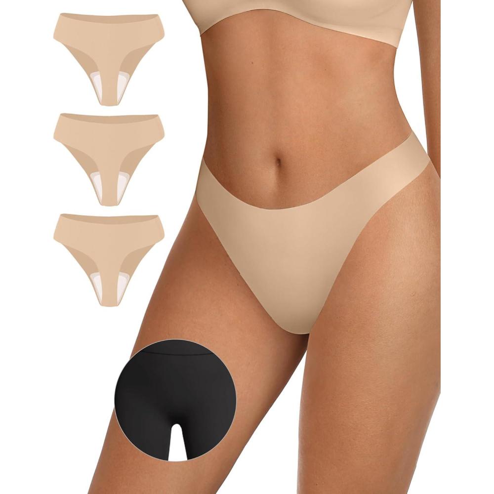 imageOEAK Seamless Thongs for Women Invisible Thongs No Show Thong Panty Liners Tangas Comfortable Workout GStrings Underwear3p3skin Nude
