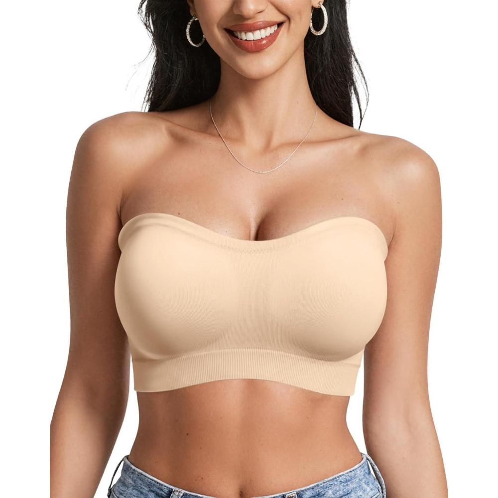 imageOEAK Strapless Bras for Women Wireless Bandeau Bra Non Slip Push Up Tube Top Seamless Bras Comfortable Padded BraletteBeige