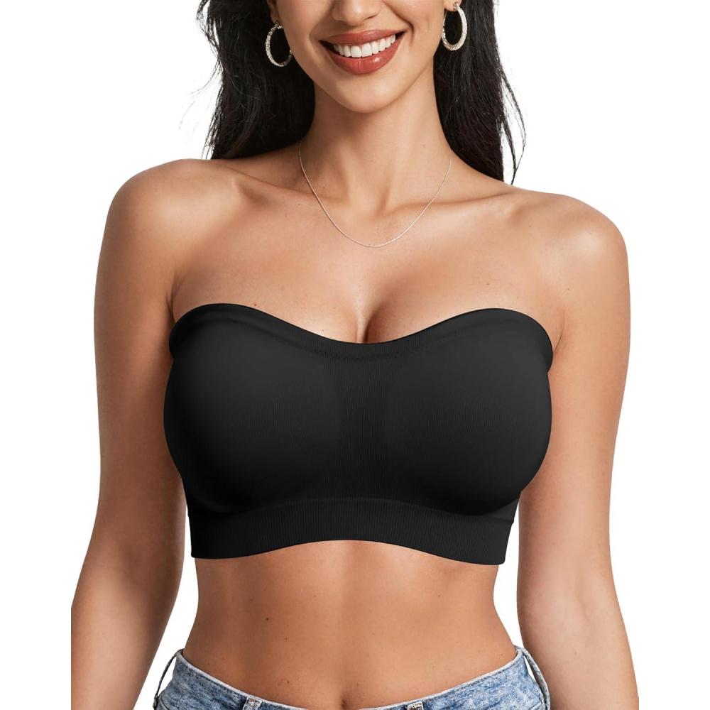 imageOEAK Strapless Bras for Women Wireless Bandeau Bra Non Slip Push Up Tube Top Seamless Bras Comfortable Padded BraletteBlack