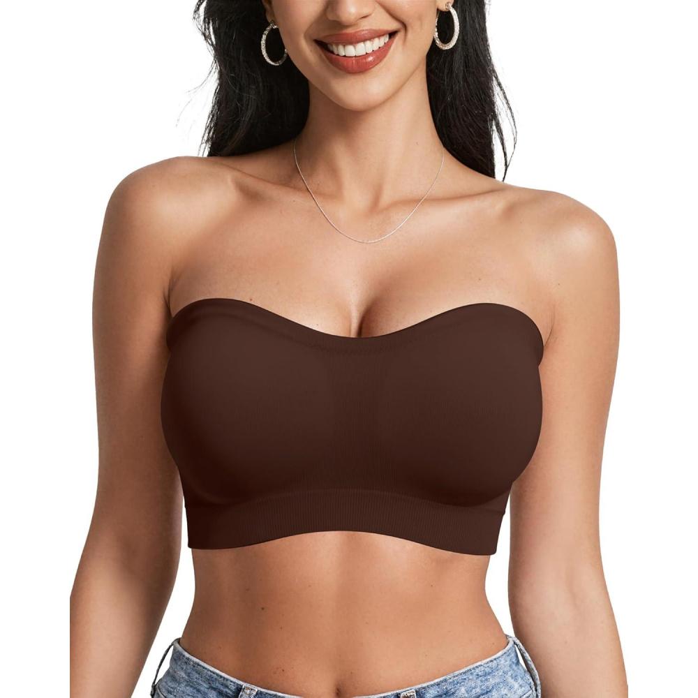 imageOEAK Strapless Bras for Women Wireless Bandeau Bra Non Slip Push Up Tube Top Seamless Bras Comfortable Padded BraletteChocolate