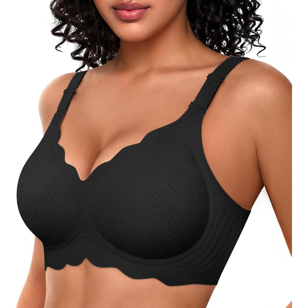 imageOEAK Women Bras No Underwire Scalloped Push Up Buttery Soft Tshirt Bra Seamless Full Coverage Convertible Everyday BraJacquard Black