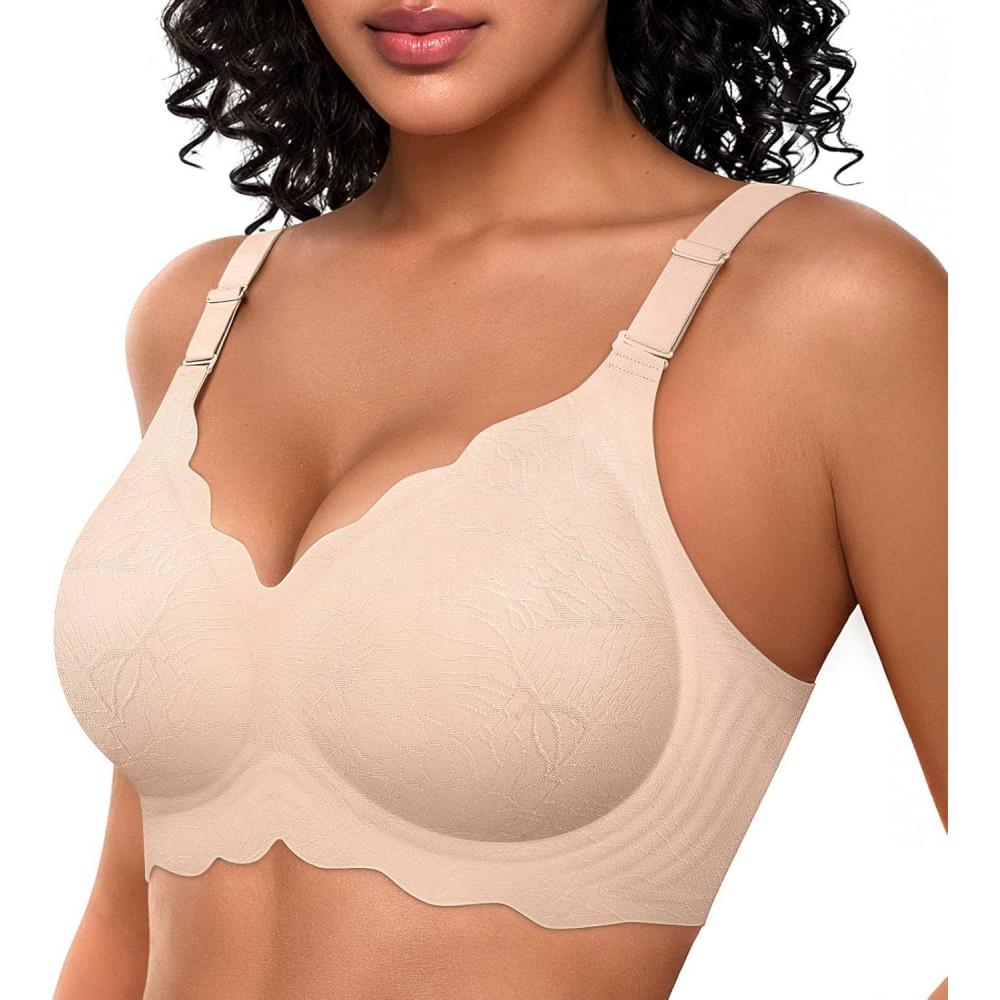 imageOEAK Women Bras No Underwire Scalloped Push Up Buttery Soft Tshirt Bra Seamless Full Coverage Convertible Everyday BraJacquard Nude