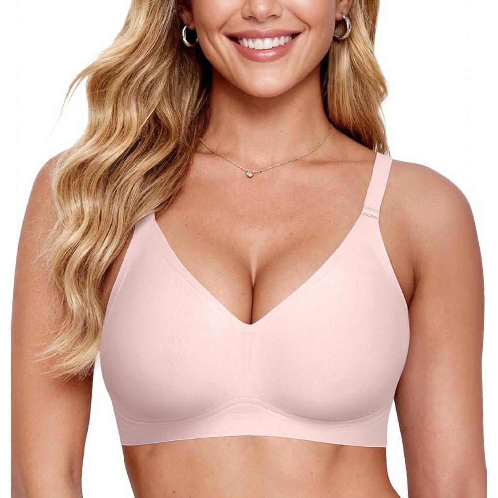 imageOEAK Women Comfortable Push Up Bras Wireless Seamless Full Coverage Bralette Buttery Soft Everyday Tshirt Bra Convertible BraPink