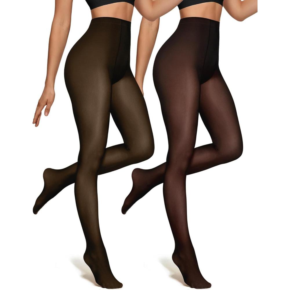 imageOEAK Womens 2 Pack Fleece Lined Tights Fake Translucent Pantyhose Thermal Opaque High Waisted Leggings Footed Sheer Tights2 Pairs Blackbrown