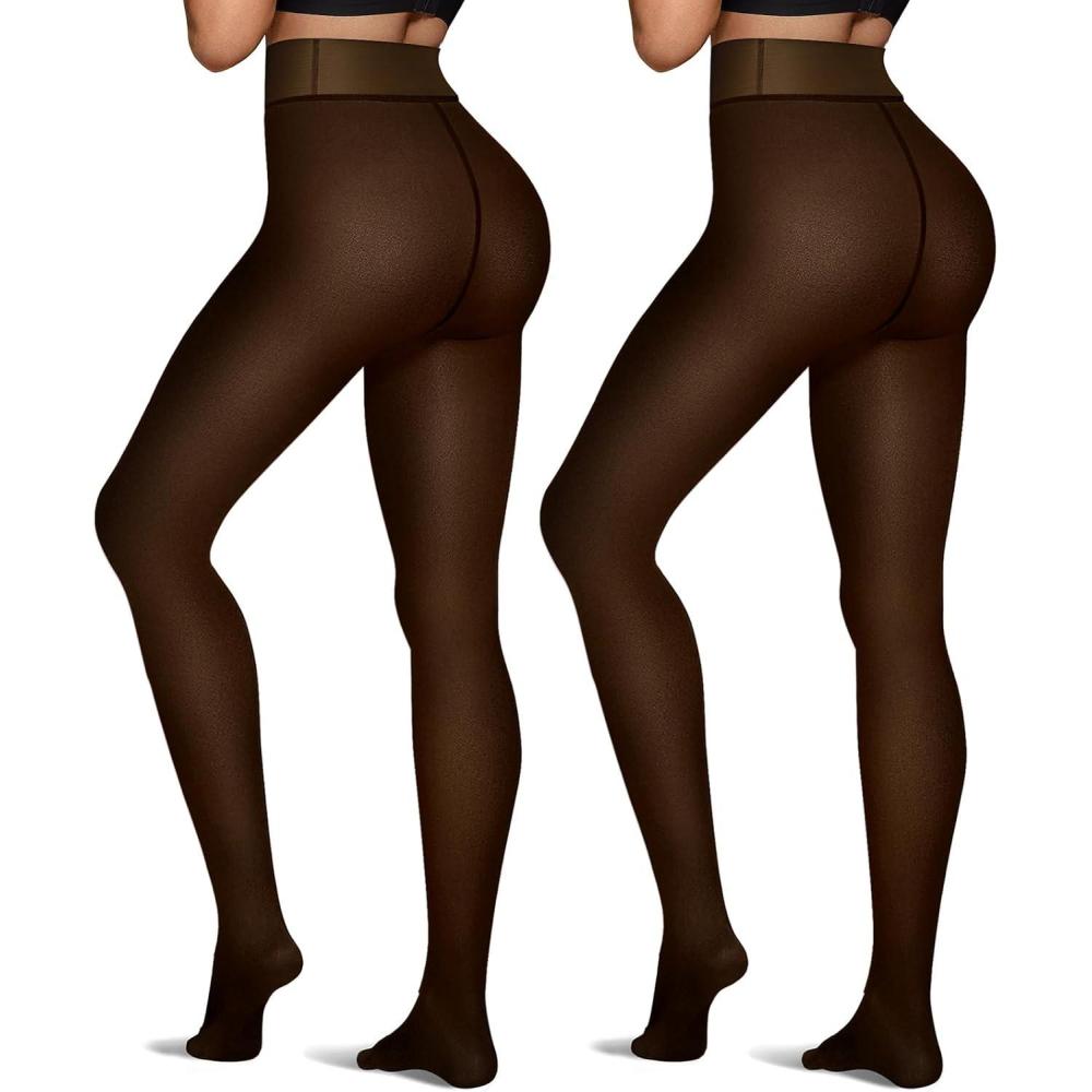 imageOEAK Womens 2 Pairs Fleece Lined Tights Leggings Sheer Fake Translucent Pantyhose Thermal High Waisted Footed Opaque Tights2 Pairs Black