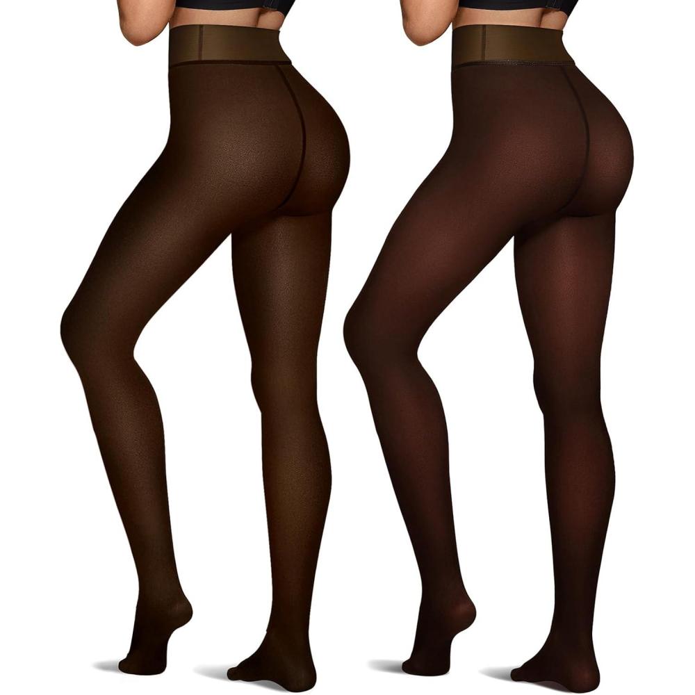 imageOEAK Womens 2 Pairs Fleece Lined Tights Leggings Sheer Fake Translucent Pantyhose Thermal High Waisted Footed Opaque TightsBlack Brown