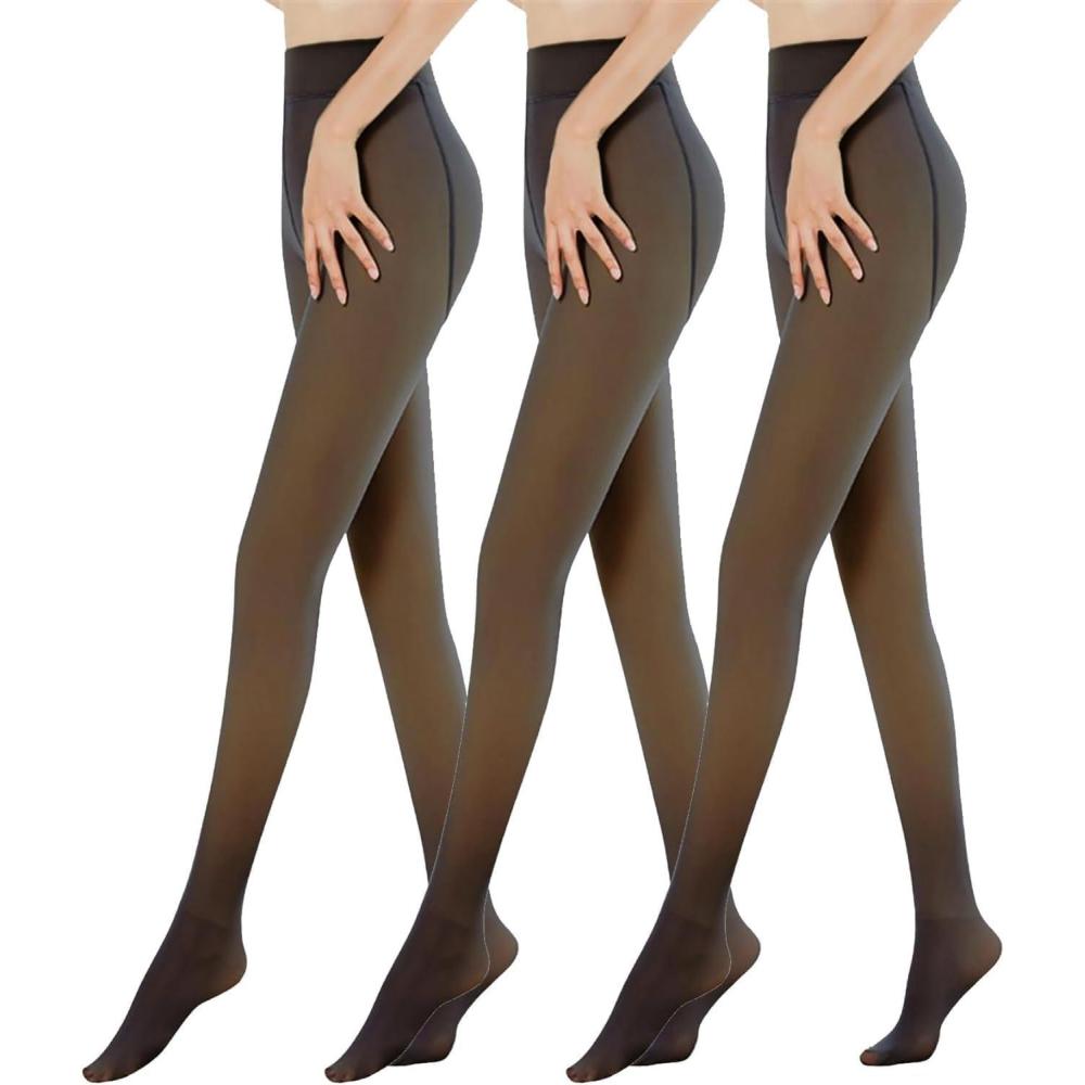 imageOEAK Womens 3 Pack Fleece Lined Tights Fake Translucent Pantyhose Thermal Opaque High Waist Legging Pants Footed Sheer TightsFake Translucent Black