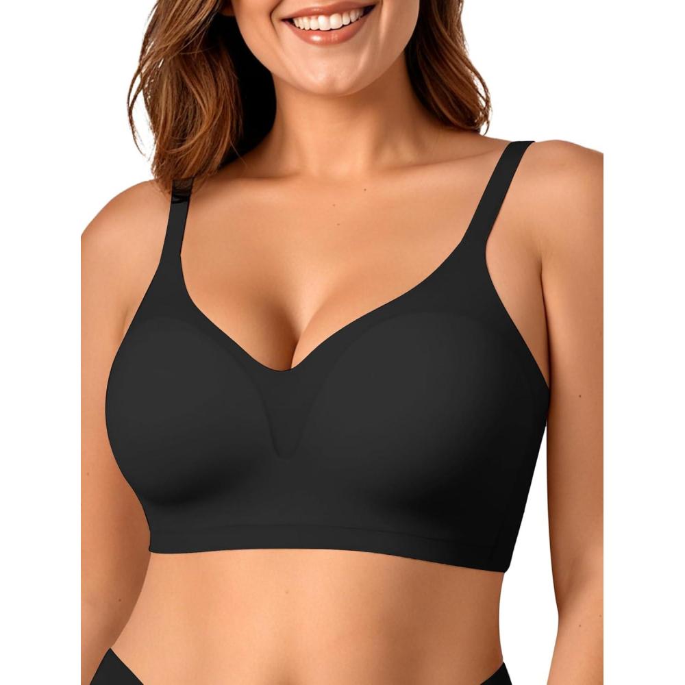 imageOEAK Womens Comfortable Bra Push Up Bras Wireless Support Lift Brassiere V Neck Full Coverage Everyday Seamless Tshirt BrasBlack