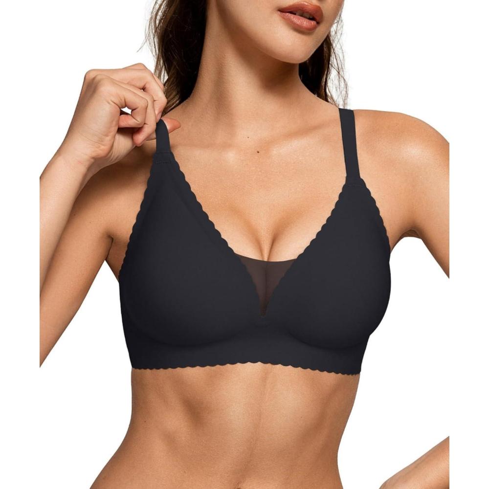 imageOEAK Womens Comfortable Bras Wireless Bras Push Up Bralettes Scalloped Mesh Bras Seamless Tshirts Bras Deep V Everyday BrasBlack