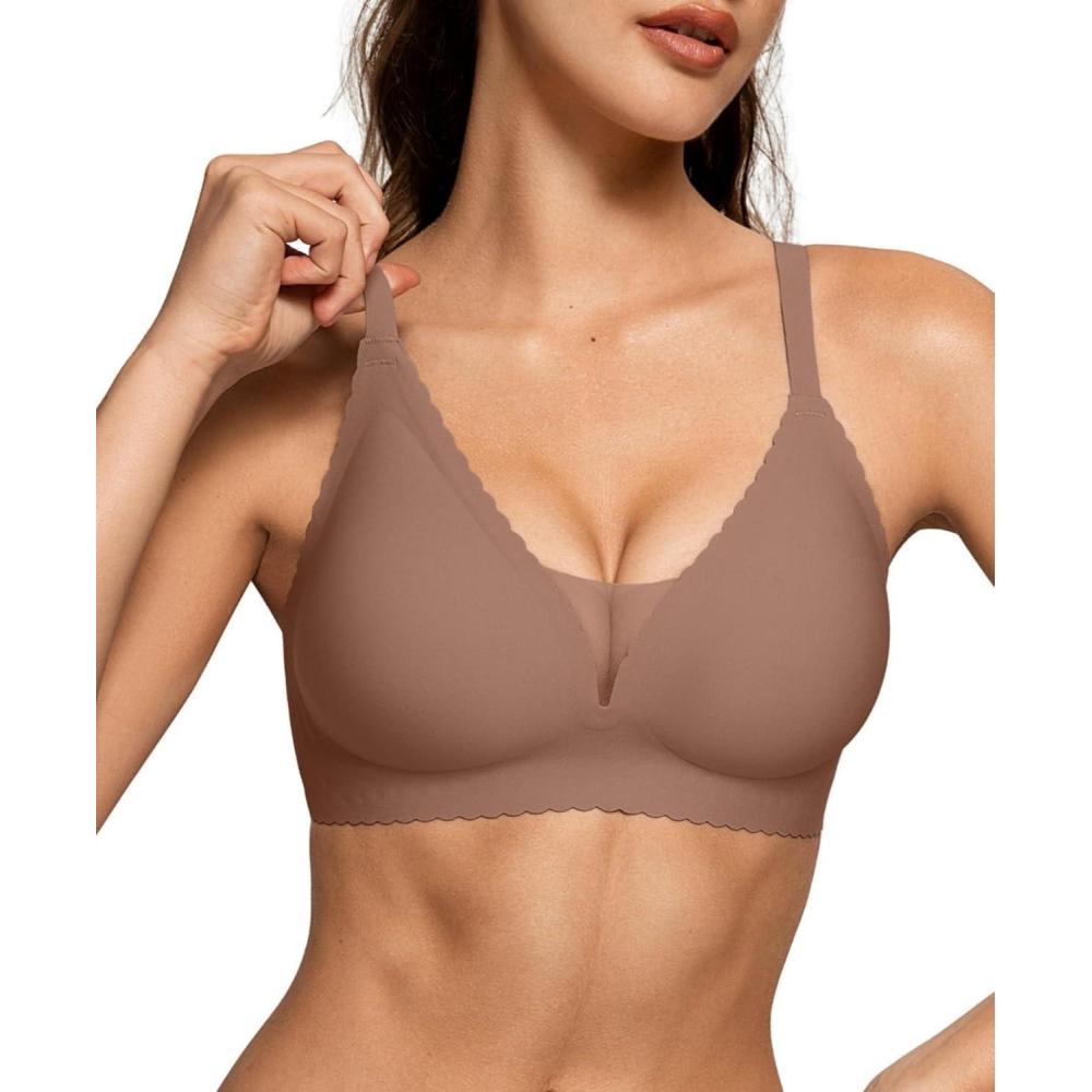 imageOEAK Womens Comfortable Bras Wireless Bras Push Up Bralettes Scalloped Mesh Bras Seamless Tshirts Bras Deep V Everyday BrasCoffee