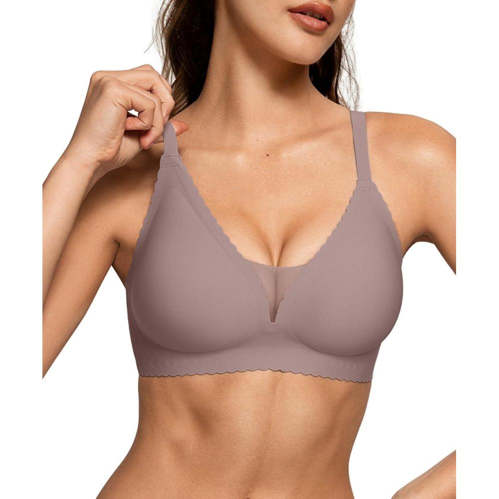 imageOEAK Womens Comfortable Bras Wireless Bras Push Up Bralettes Scalloped Mesh Bras Seamless Tshirts Bras Deep V Everyday BrasGrey