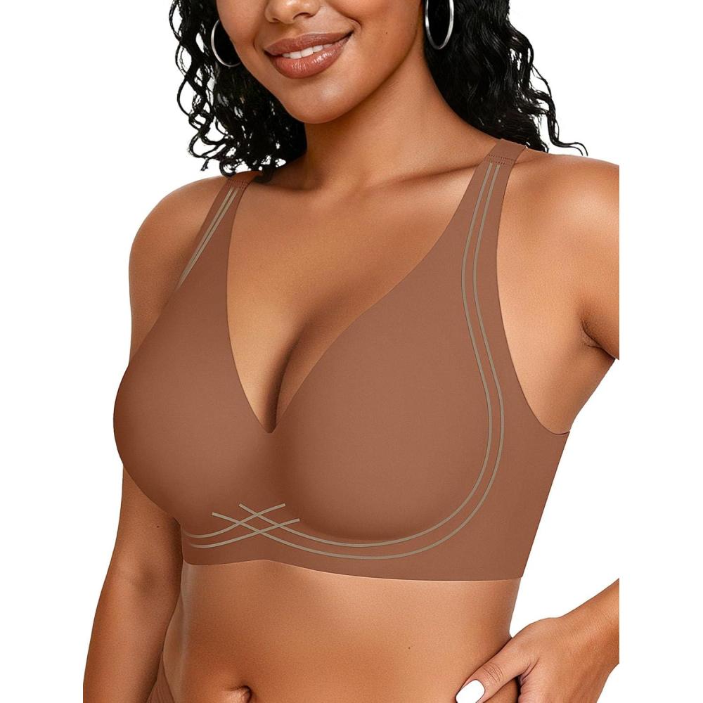 imageOEAK Womens Comfortable Deep V Bras Wireless Push Up Seamless Full Coverage Bralettes Supportive Bra Raceback Tshirt Bras Coffee2XL