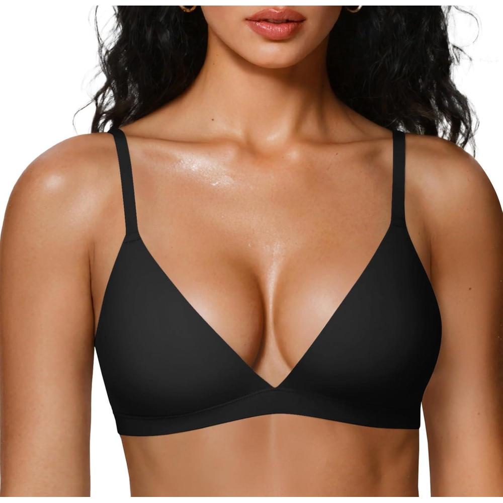 imageOEAK Womens Comfortable Triangle Bras No Underwire Sexy Plunge Unlined Bralette Pull On Bra Seamless Everyday Tshirt Bras BlackXL