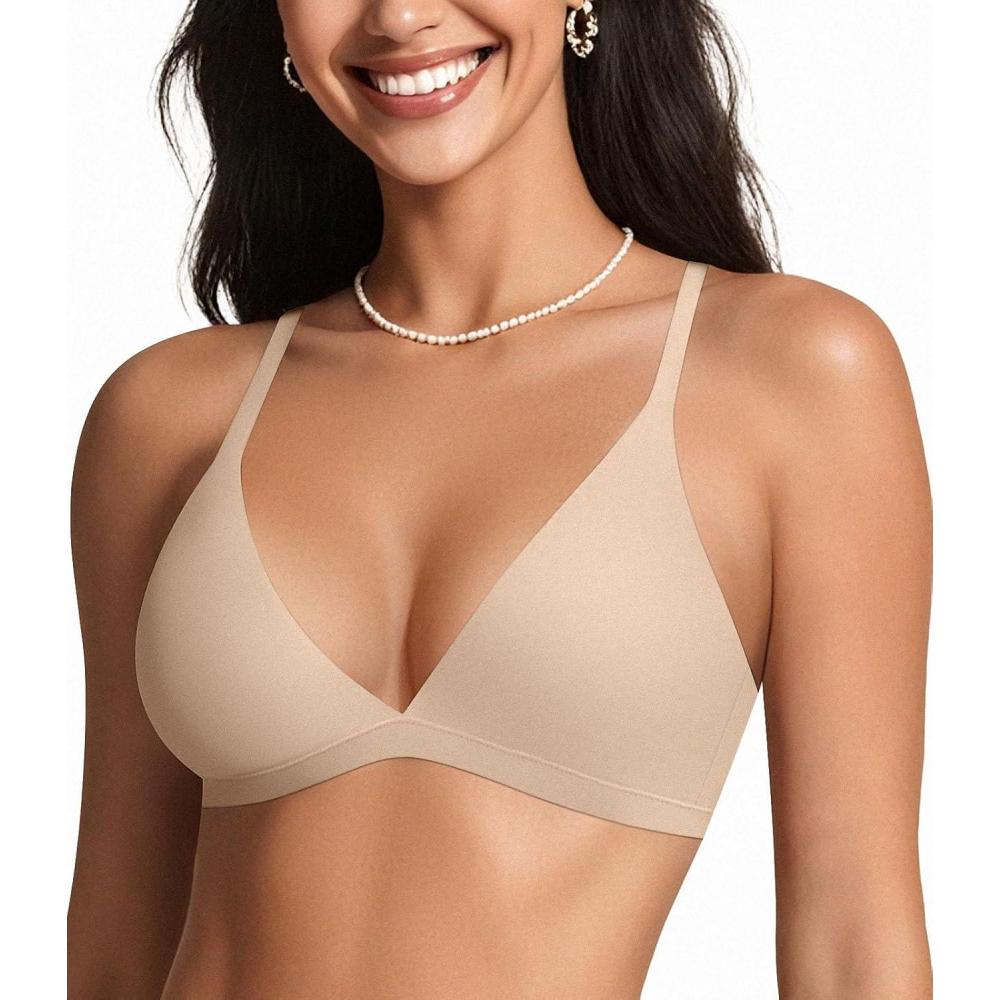 imageOEAK Womens Comfortable Triangle Bras No Underwire Sexy Plunge Unlined Bralette Pull On Bra Seamless Everyday Tshirt BrasBeige