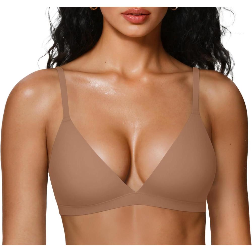 imageOEAK Womens Comfortable Triangle Bras No Underwire Sexy Plunge Unlined Bralette Pull On Bra Seamless Everyday Tshirt BrasLatte