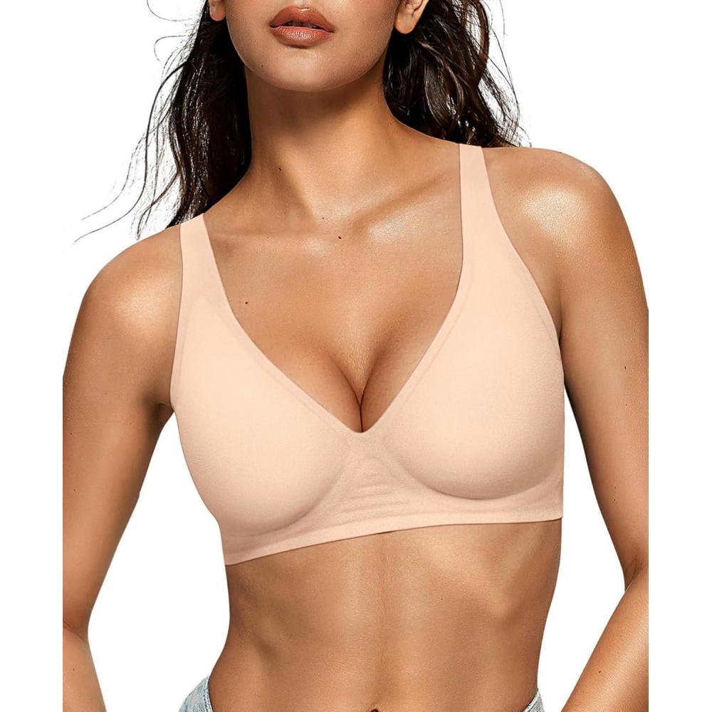 imageOEAK Womens Deep V Bras Wireless Comfortable Bra Supportive No Underwire Bras Tshirt Push Up Bralettes Plunge Seamless BraBlush Nude