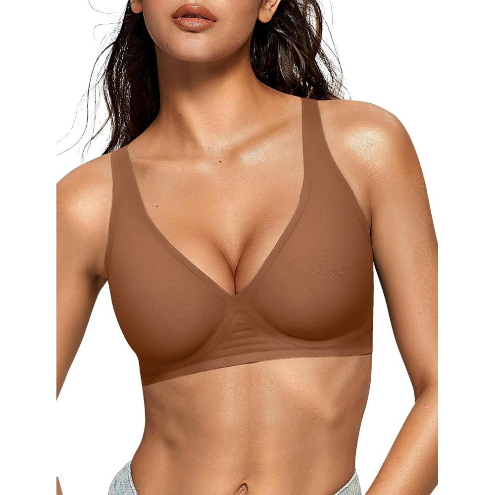 imageOEAK Womens Deep V Bras Wireless Comfortable Bra Supportive No Underwire Bras Tshirt Push Up Bralettes Plunge Seamless BraCinnamon