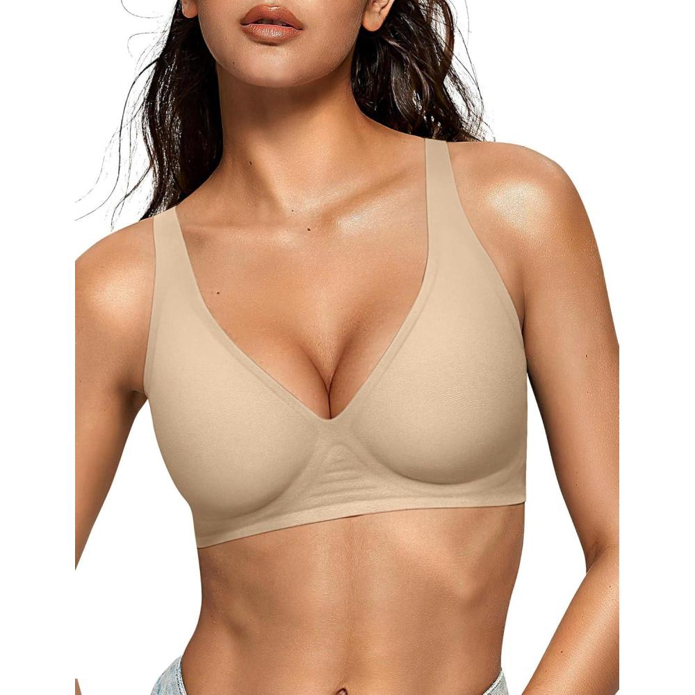 imageOEAK Womens Deep V Bras Wireless Comfortable Bra Supportive No Underwire Bras Tshirt Push Up Bralettes Plunge Seamless BraSemolina