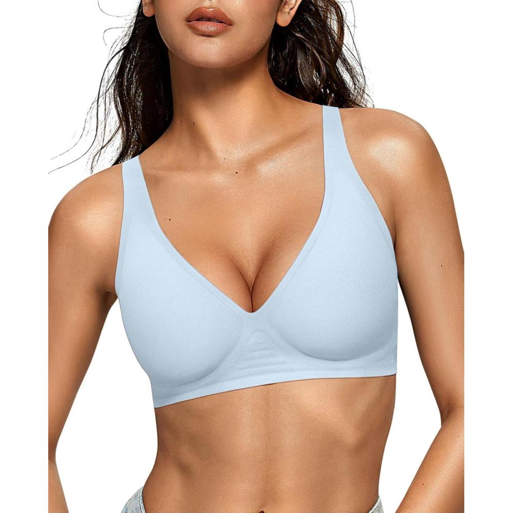 imageOEAK Womens Deep V Bras Wireless Comfortable Bra Supportive No Underwire Bras Tshirt Push Up Bralettes Plunge Seamless BraSky Blue