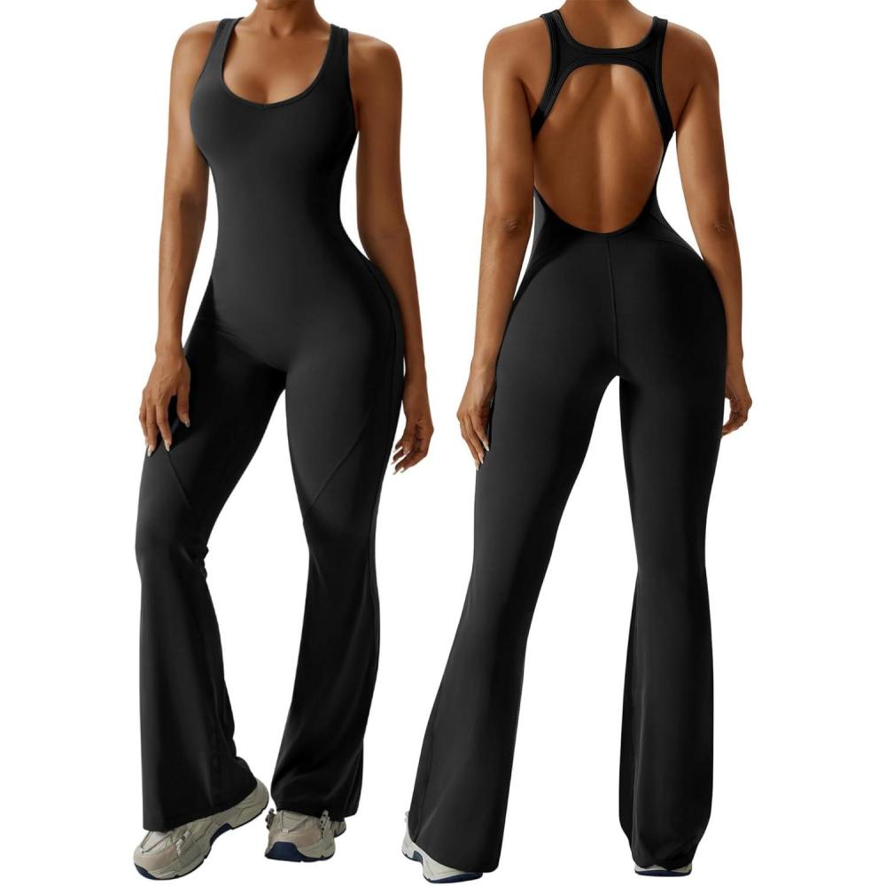 imageOEAK Womens Flare Jumpsuit with Bra Tummy Control Cutout Romper Workout Outfit Sleeveless Unitard One Piece Backless BodysuitBlack