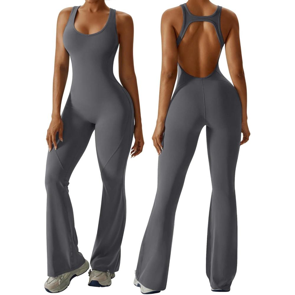 imageOEAK Womens Flare Jumpsuit with Bra Tummy Control Cutout Romper Workout Outfit Sleeveless Unitard One Piece Backless BodysuitDark Grey