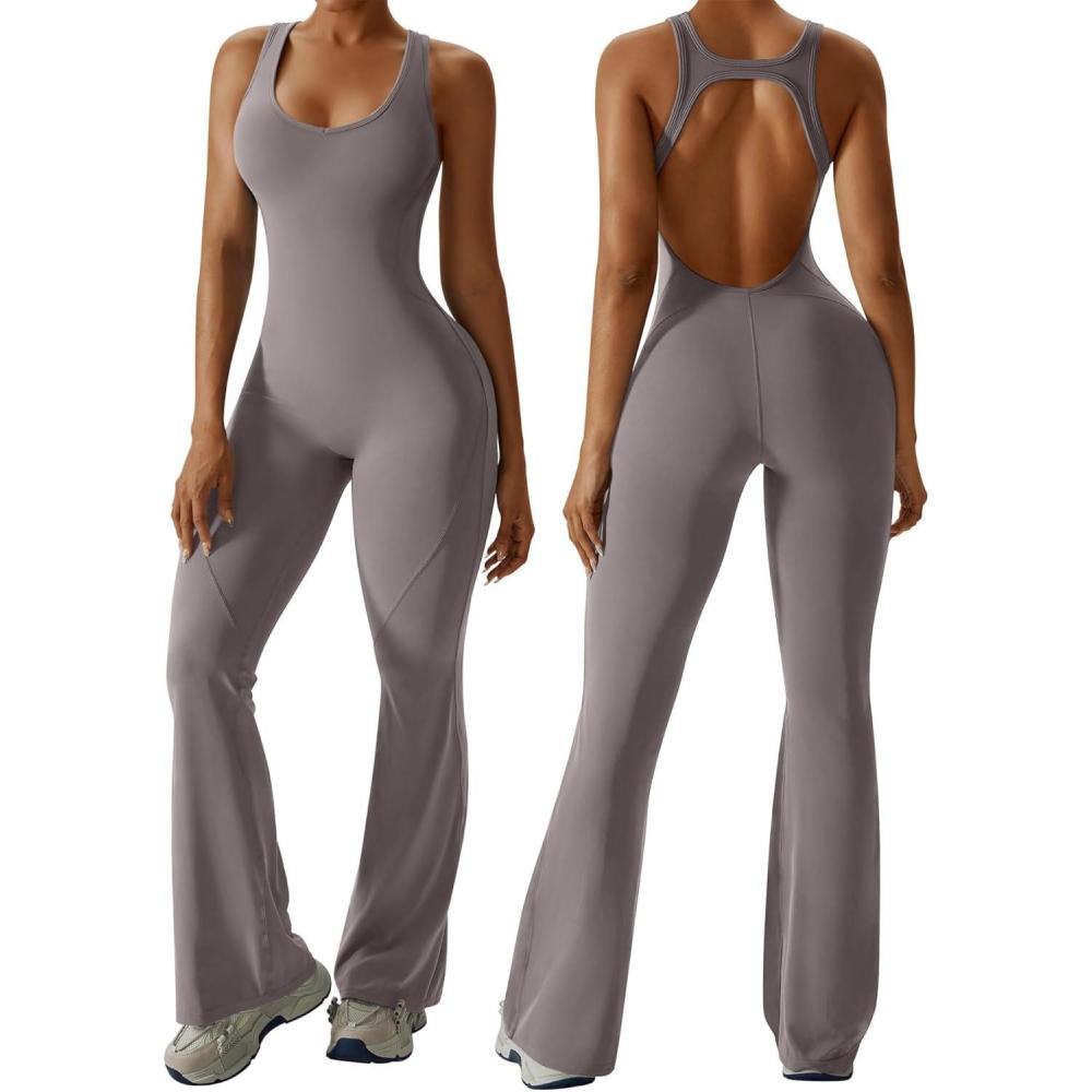 imageOEAK Womens Flare Jumpsuit with Bra Tummy Control Cutout Romper Workout Outfit Sleeveless Unitard One Piece Backless BodysuitFlaxen